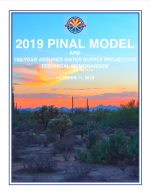 Thumbnail image of 2019 Pinal Model and 100-Year Assured Water Supply Projection report cover with photograph of sunset and cactus