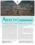 Thumbnail image of Arroyo 2015 - Closing the Water Demand-Supply Gap in Arizona document cover with aerial photo of 2 neighborhoods, one green, one brown