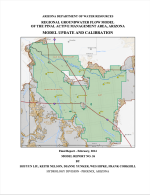 Thumbnail image of Regional Groundwater Flow Model of the Pinal Active Management Area, Arizona: Model Update and Calibration report cover with map of Casa Grande, AZ area