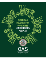 Thumbnail image of American Declaration on the Rights of Indigenous Peoples document cover with dark green background and light green tribal symbology