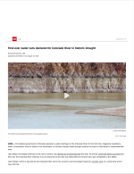 Thumbnail image of First-ever water cuts declared for Colorado River in historic drought article webpage with photo of Lake Mead with low water level