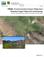 Thumbnail image of Resolution Copper Project and Land Exchange Final EIS document cover with map of project area and photo of desert landscape