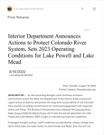Thumbnail image of Interior Department announces actions to protect Colorado River system, sets 2023 operating conditions for Lake Powell and Lake Mead press release webpage