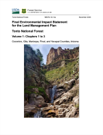 Thumbnail image of Final Environmental Impact Statement for the Land Management Plan, Tonto National Forest: Volume 1: Chapters 1 to 3. Coconino, Gila, Maricopa, Pinal, and Yavapai Counties, Arizona document cover page with photo of Devil's Chasm waterfall in the Sierra Ancha Wilderness Area