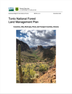 Thumbnail image of Tonto National Forest Land Management Plan document cover with photo of desert landscape including Battleship Mountain in the Superstition Wilderness