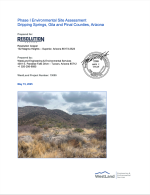 Thumbnail image of Phase I Environmental Site Assessment, Dripping Springs, Gila and Pinal Counties, Arizona report cover with photo of hilly desert landscape