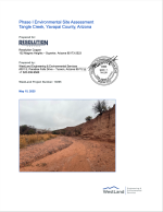 Thumbnail image of Phase I Environmental Site Assessment, Tangle Creek, Yavapai County, Arizona report cover with photo of dry creek bed in desert landscape
