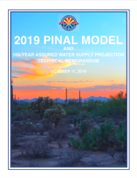 Thumbnail image of 2019 Pinal Model and 100-Year Assured Water Supply Projection report cover with photograph of sunset and cactus