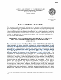 Thumbnail image of Substantive Policy Statement: Hydrologic Studies Demonstrating Physical Availability of Groundwater for Assured and Adequate Water Supply Applications document cover