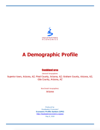 Thumbnail image of A Demographic Profile: Superior Town, Arizona; Pinal County, Arizona; Graham County, Arizona; Gila County, Arizona report cover