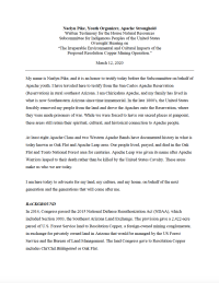 Thumbnail image of Written Testimony for the House Natural Resources Subcommittee for Indigenous Peoples of the United States Oversight Hearing on “The Irreparable Environmental and Cultural Impacts of the Proposed Resolution Copper Mining Operation” testimony page