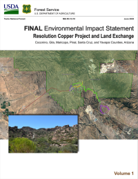 Thumbnail image of Resolution Copper Project and Land Exchange Final EIS document cover with map of project area and photo of desert landscape
