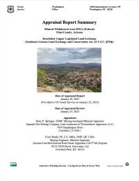 Thumbnail image of Appraisal Summary Report for Mining Withdrawal Area parcel document with photograph of Oak Flat