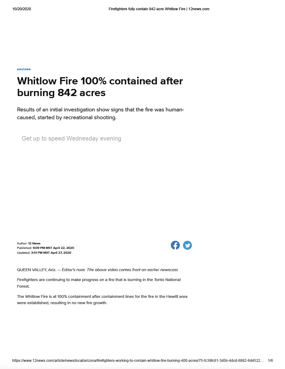 Thumbnail image of document cover: Whitlow Fire 100% Contained After Burning 842 Acres