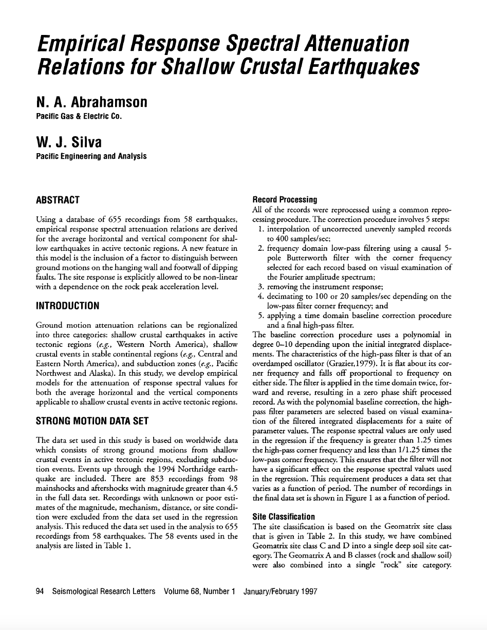 Thumbnail image of document cover: Empirical Response Spectral Attenuation Relations for Shallow Crustal Earthquakes