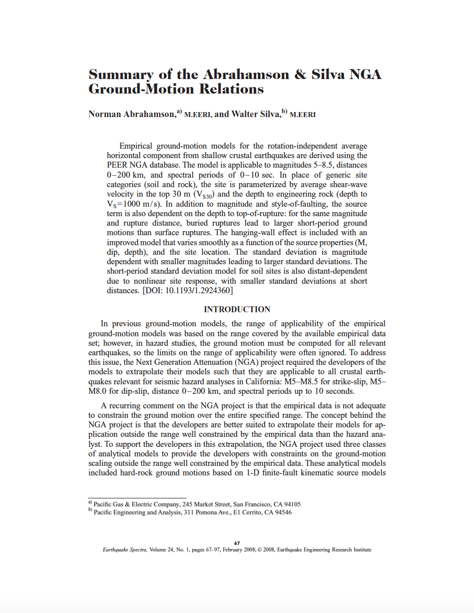 Thumbnail image of document cover: Summary of the Abrahamson and Silva NGA Ground Motion Relations