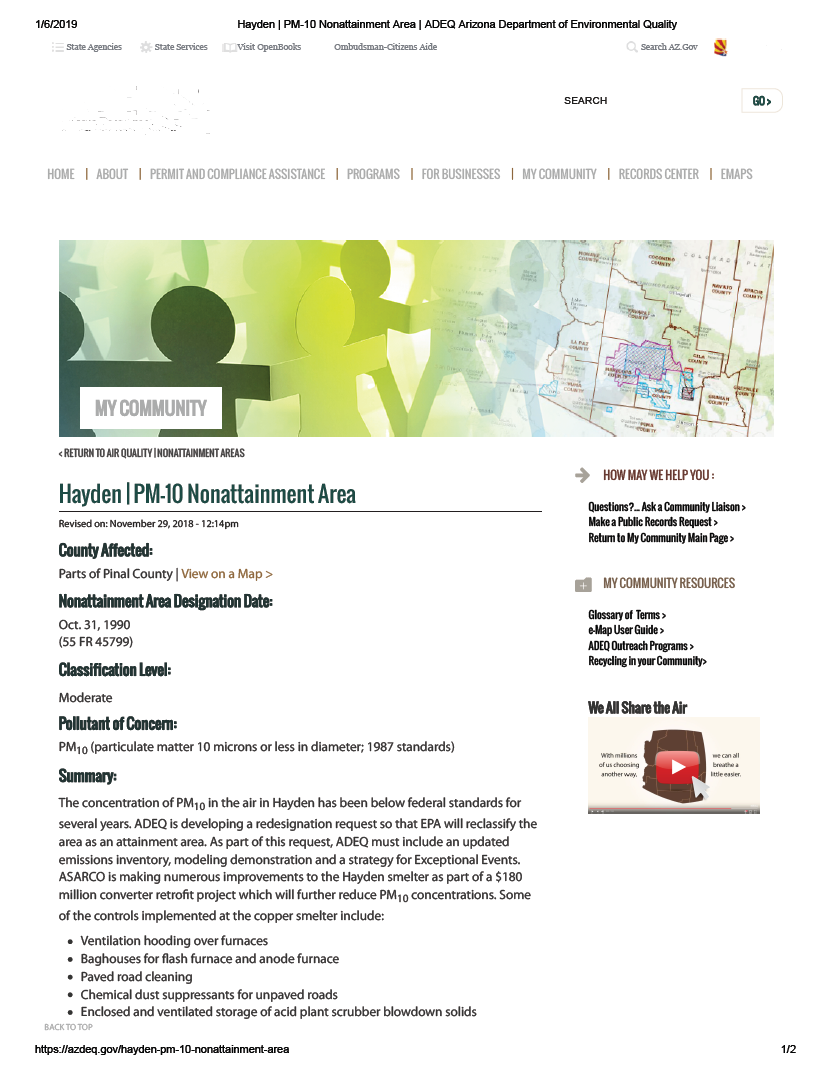 Thumbnail image of document cover: Hayden PM-10 Nonattainment Area