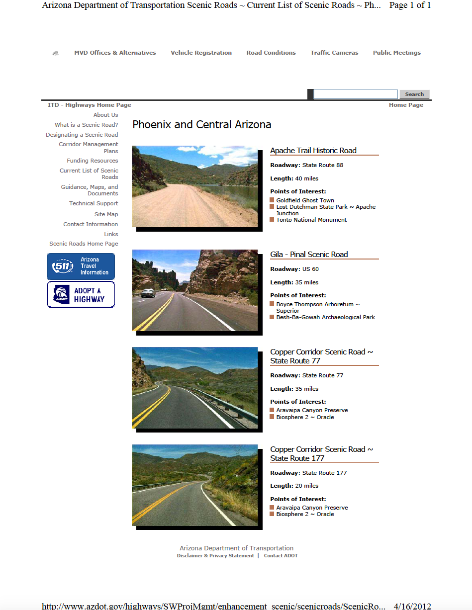 Thumbnail image of document cover: Current List of Scenic Roads - Phoenix and Central Arizona