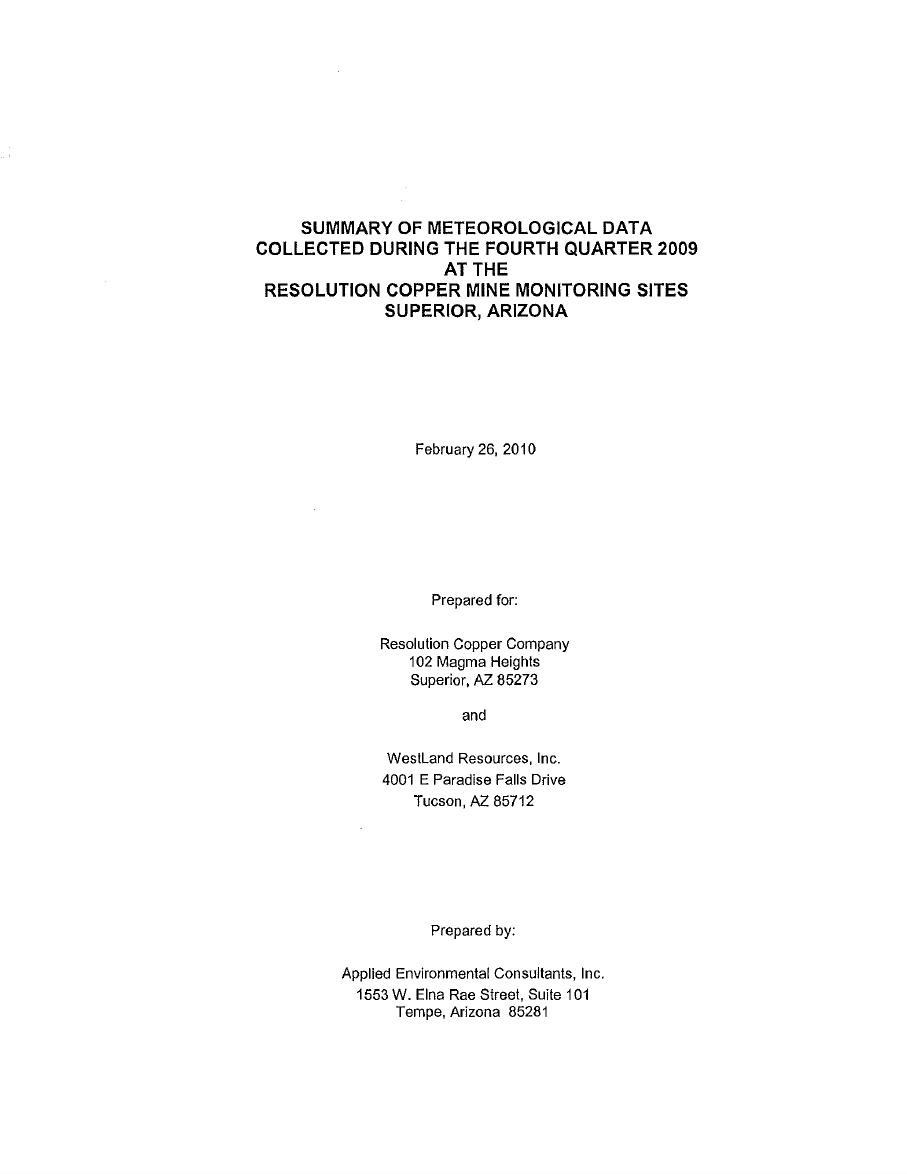 Thumbnail image of document cover: Summary of Meteorological Data Collected During the Fourth Quarter 2009 at the Resolution Copper Mine Monitoring Sites, Superior, Arizona