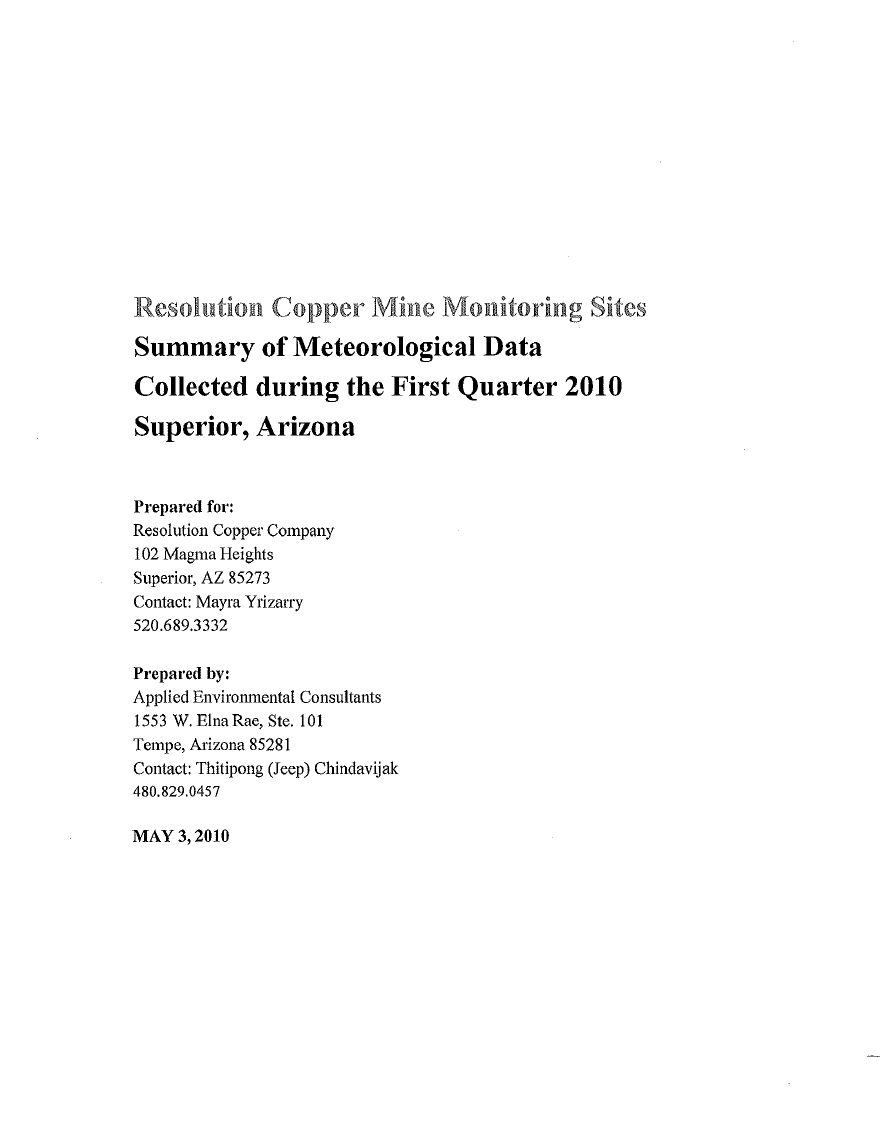 Thumbnail image of document cover: Resolution Copper Mine Monitoring Sites Summary of Meteorological Data Collected During the First Quarter 2010, Superior, Arizona