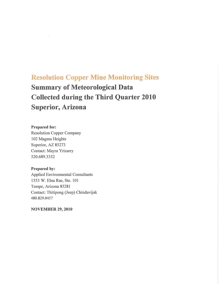 Thumbnail image of document cover: Resolution Copper Mine Monitoring Sites Summary of Meteorological Data Collected During the Third Quarter 2010, Superior, Arizona