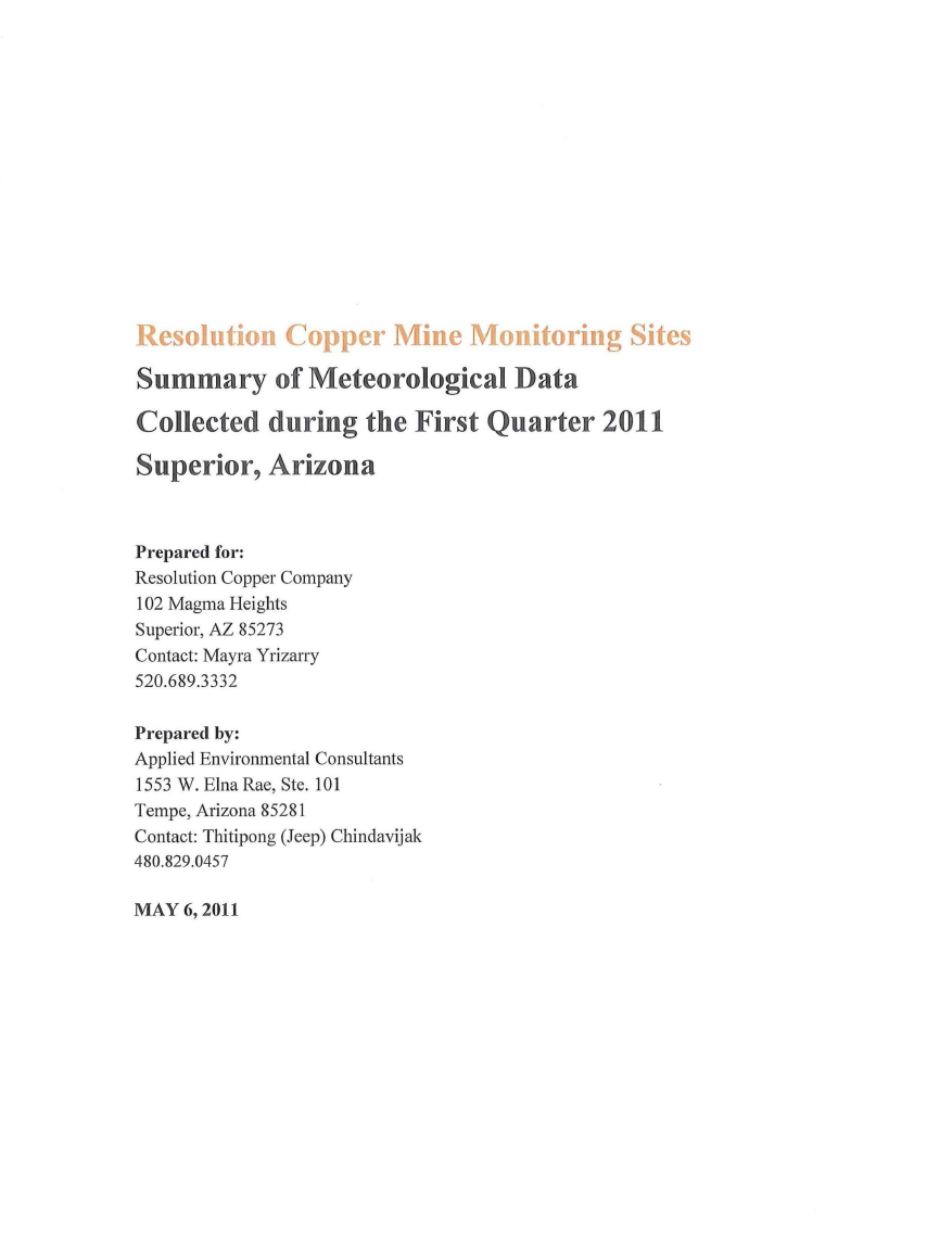 Thumbnail image of document cover: Resolution Copper Mine Monitoring Sites Summary of Meteorological Data Collected During the First Quarter 2011, Superior, Arizona