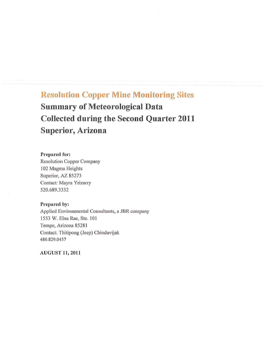 Thumbnail image of document cover: Resolution Copper Mine Monitoring Sites Summary of Meteorological Data Collected During the Second Quarter 2011 Superior, Arizona