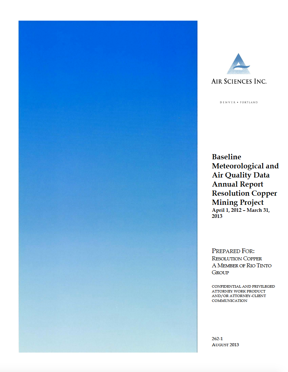 Thumbnail image of document cover: Baseline Meteorological and Air Quality Data Annual Report Resolution Copper Mining Project: April 1, 2012 – March 31, 2013