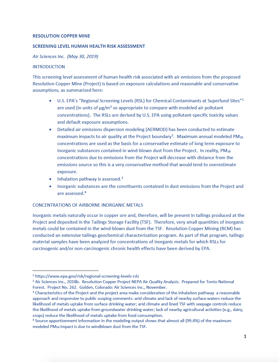 Thumbnail image of document cover: Resolution Copper Mine: Screening Level Human Health Risk Assessment