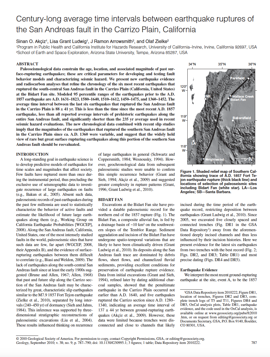 Thumbnail image of document cover: Century-Long Average Time Intervals Between Earthquake Ruptures of the San Andreas Fault in the Carrizo Plain, California