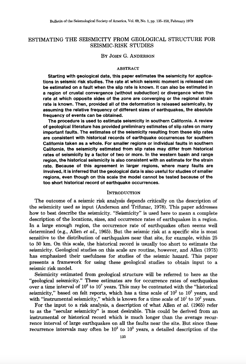 Thumbnail image of document cover: Estimating the Seismicity From Geological Structure for Seismic Risk Studies