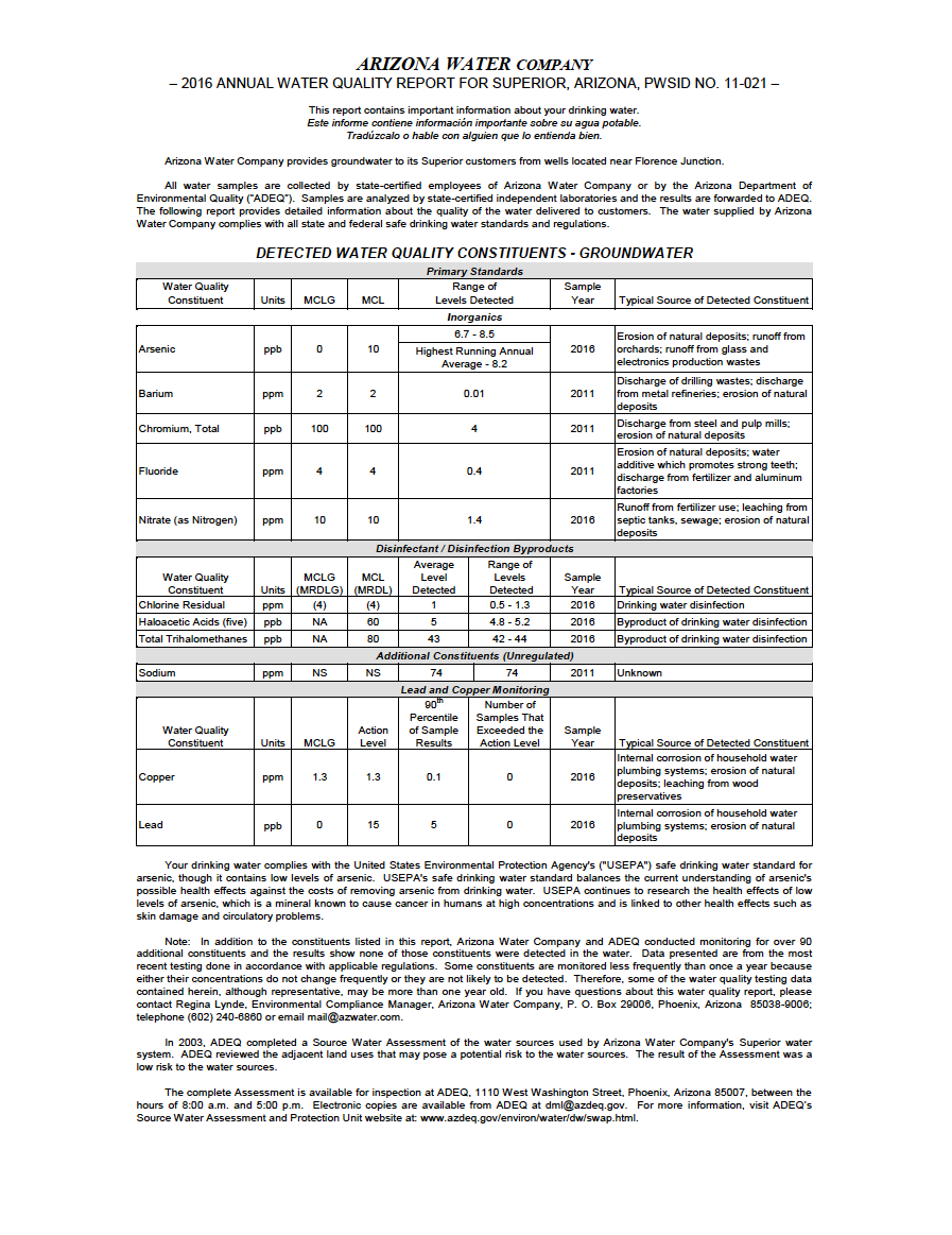 Thumbnail image of document cover: 2016 Annual Water Quality Report for Superior, Arizona, PWSID No. 11-021