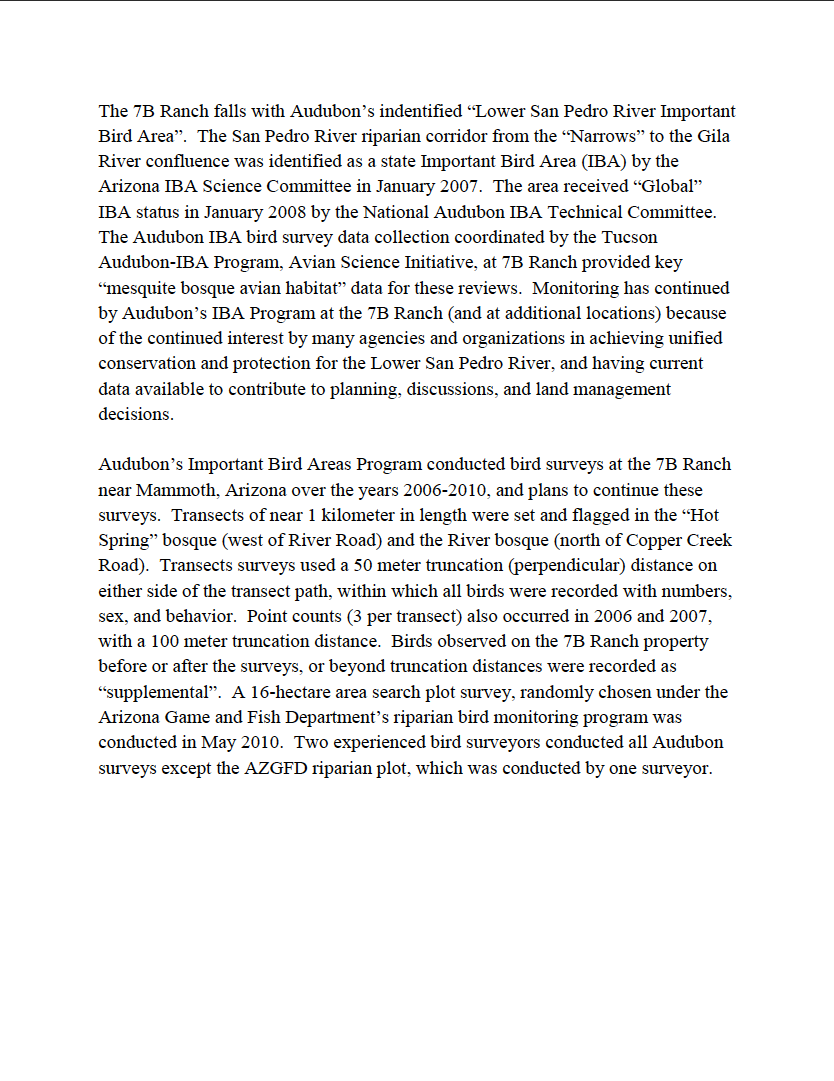 Thumbnail image of document cover: Avian Surveys Conducted by Audubon Arizona IBA Program at 7B Ranch, Lower San Pedro River, Mammoth, Arizona, 2006-2010