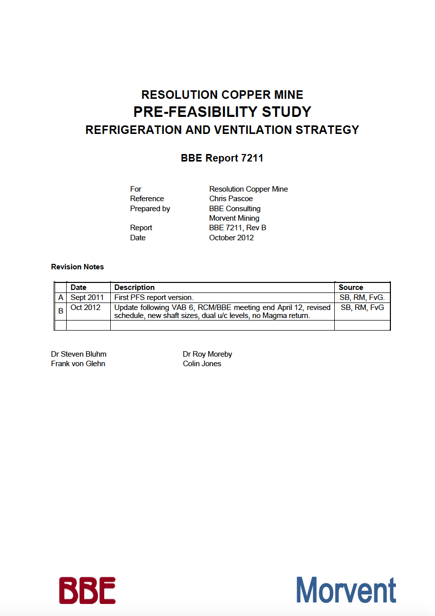 Thumbnail image of document cover: Resolution Copper Mine Pre-Feasibility Study Refrigeration and Ventilation Strategy