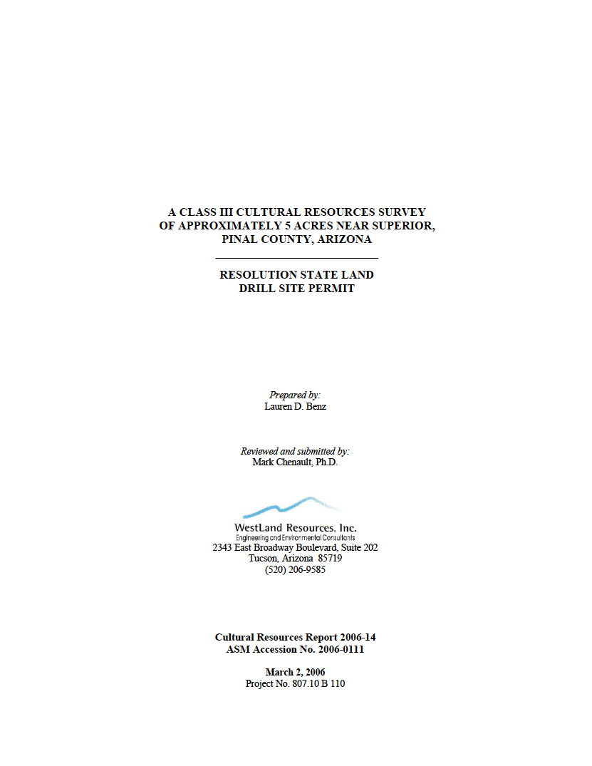 Thumbnail image of document cover: A Class III Cultural Resources Survey of Approximately 5 Acres Near Superior, Pinal County, Arizona