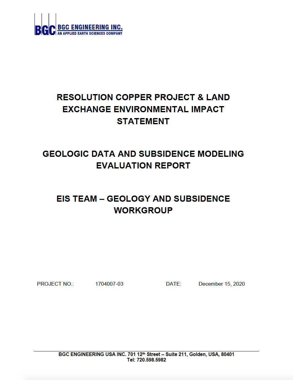 Thumbnail image of document cover: Geologic Data and Subsidence Modeling Evaluation Report