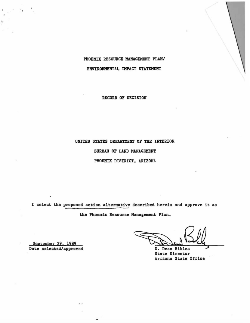 Thumbnail image of document cover: Phoenix Resource Management Plan Environmental Impact Statement: Record of Decision