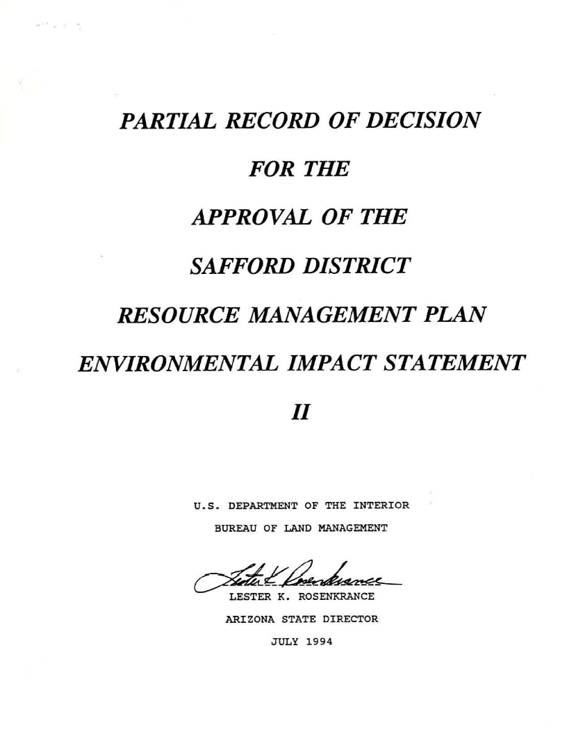 Thumbnail image of document cover: Partial Record of Decision for the Approval of the Safford District Resource Management Plan Environmental Impact Statement II