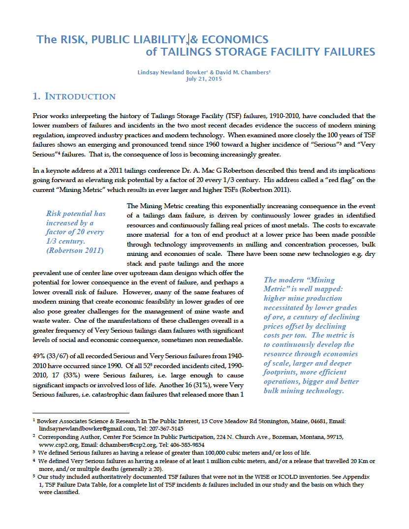 Thumbnail image of document cover: The Risk, Public Liability and Economics of Tailings Storage Facility Failures