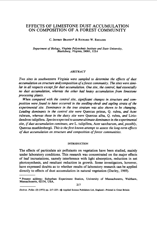 Thumbnail image of document cover: Effects of Limestone Dust Accumulation on Composition of a Forest Community