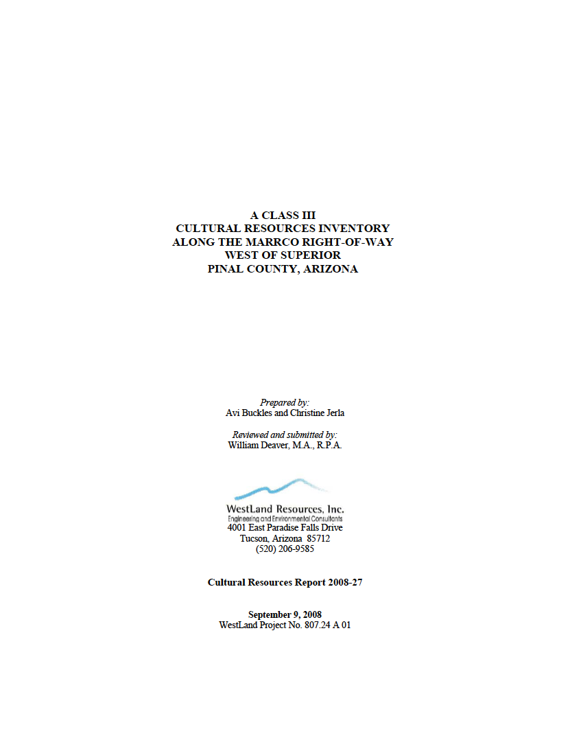 Thumbnail image of document cover: A Class III Cultural Resources Inventory Along the MARRCO Right-of-Way West of Superior Pinal County, Arizona