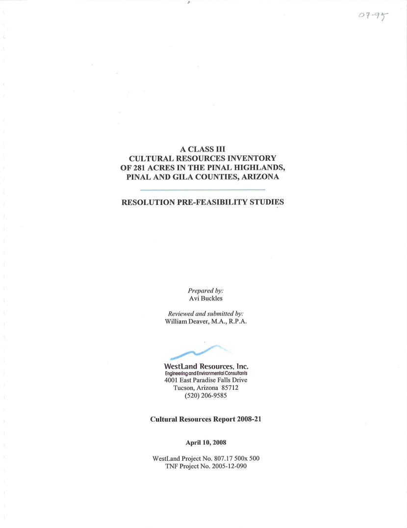 Thumbnail image of document cover: A Class III Cultural Resources Inventory of 281 Acres in the Pinal Highlands, Pinal and Gila Counties, Arizona: Resolution Pre-Feasibility Studies