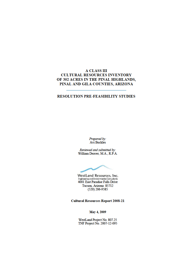 Thumbnail image of document cover: A Class III Cultural Resources Inventory of 302 Acres in the Pinal Highlands, Pinal and Gila Counties, Arizona: Resolution Pre-Feasibility Studies