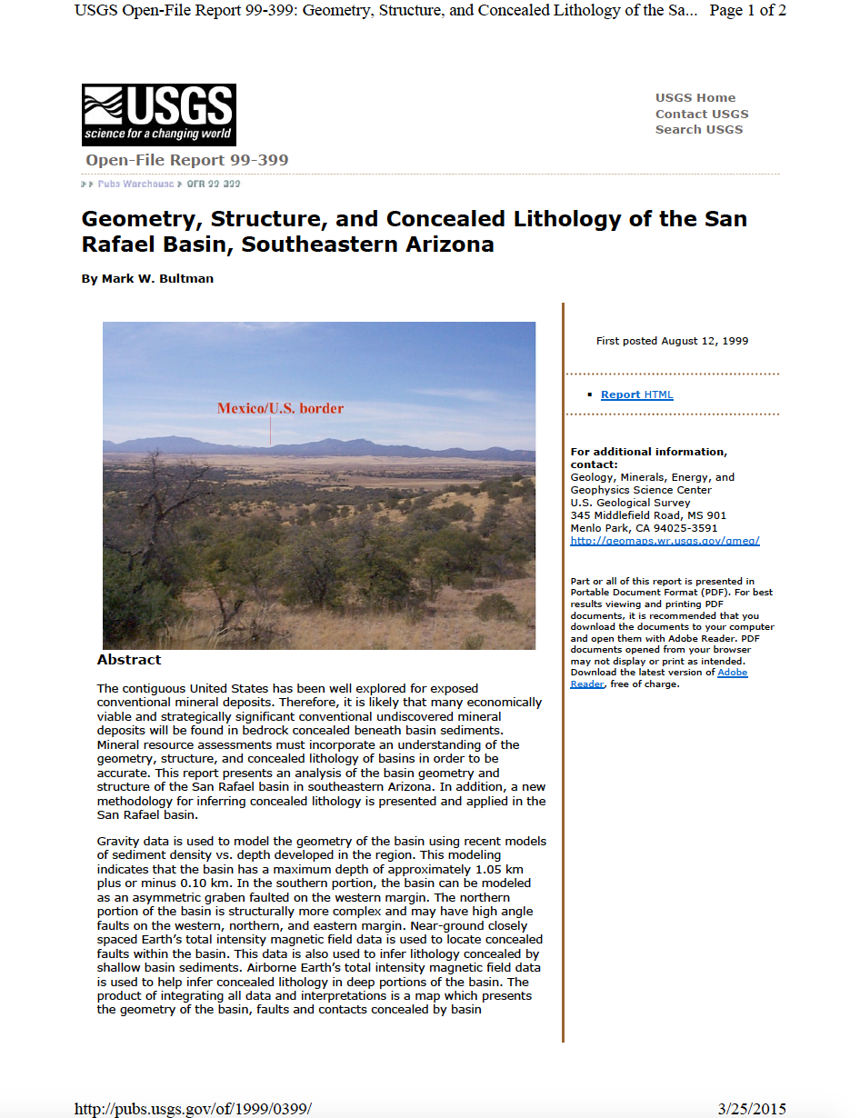 Thumbnail image of document cover: Geometry, Structure, and Concealed Lithology of the San Rafael Basin, Southeastern Arizona