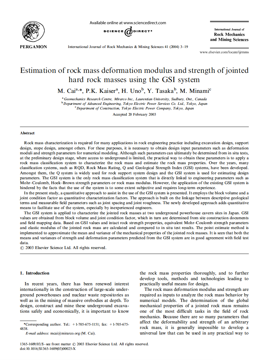 Thumbnail image of document cover: Estimation of Rock Mass Deformation Modulus and Strength of Jointed Hard Rock Masses Using the GSI System