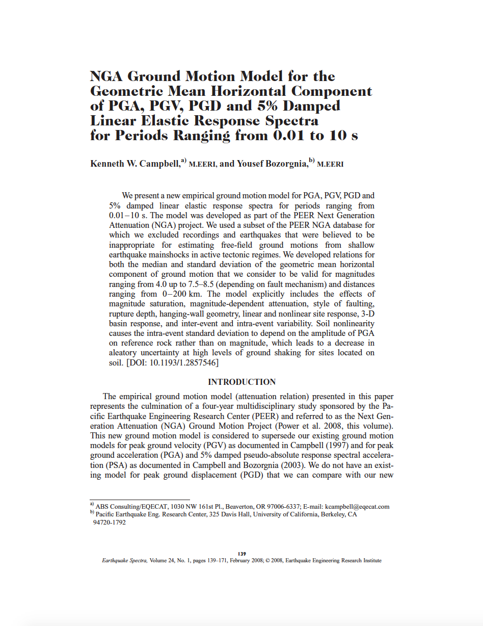 Thumbnail image of document cover: NGA Ground Motion Model for the Geometric Mean Horizontal Component of PGA, PGV, PGD, and 5% Damped Linear Elastic Response Spectra for Periods Ranging From 0.01 to 10s