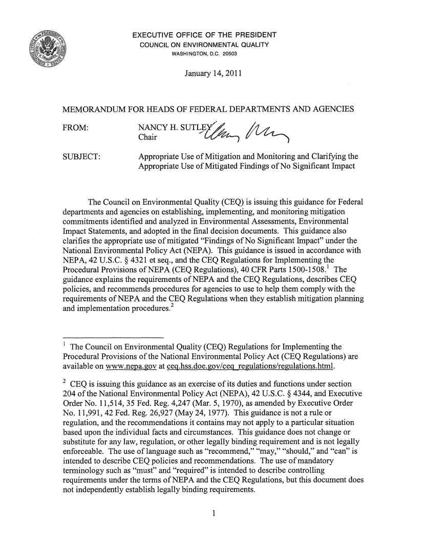 Thumbnail image of document cover: Appropriate Use of Mitigation and Monitoring and Clarifying the Appropriate Use of Mitigated Findings of No Significant Impact