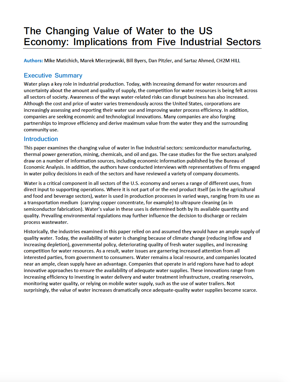 Thumbnail image of document cover: The Changing Value of Water to the US Economy: Implications from Five Industrial Sectors