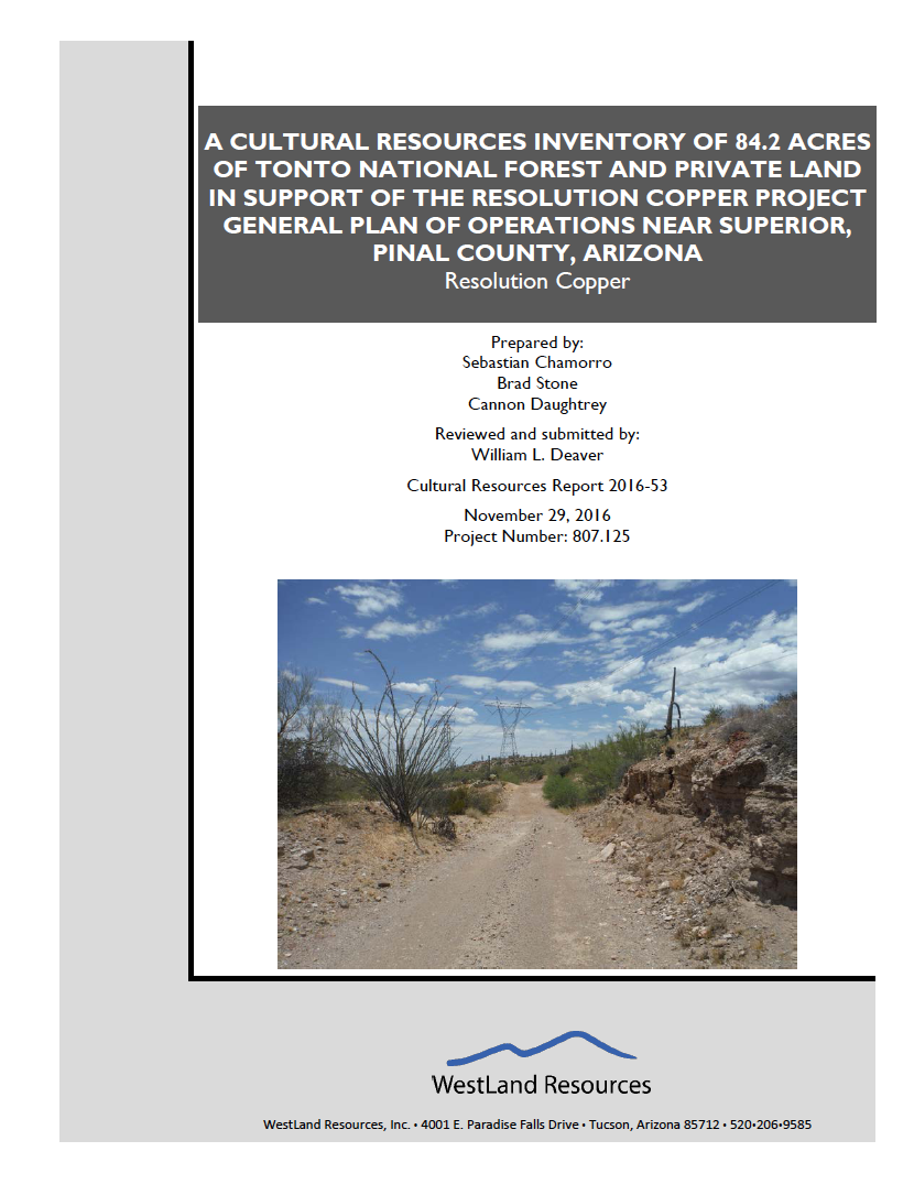 Thumbnail image of document cover: A Cultural Resources Inventory of 84.2 Acres of Tonto National Forest and Private Land in Support of the Resolution Copper Project General Plan of Operations Near Superior, Pinal County, Arizona