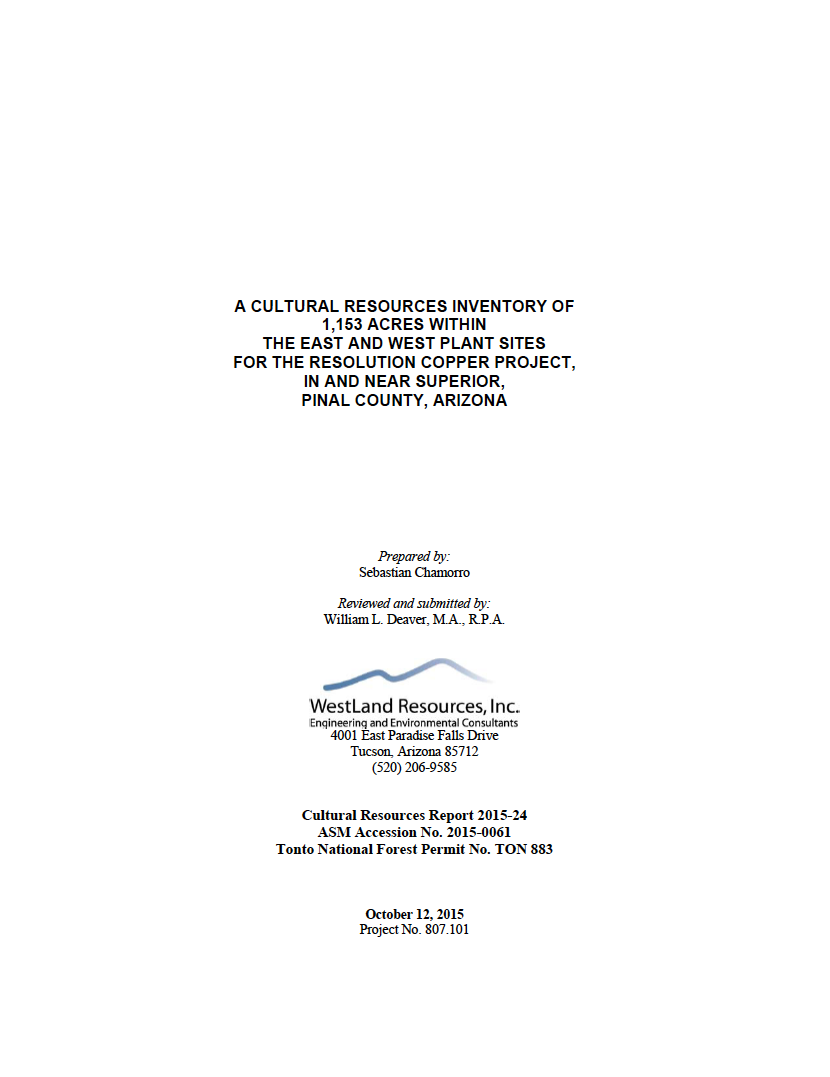 Thumbnail image of document cover: A Cultural Resources Inventory of 1,153 Acres Within the East and West Plan Sites for the Resolution Copper Project, in and Near Superior, Pinal County, Arizona